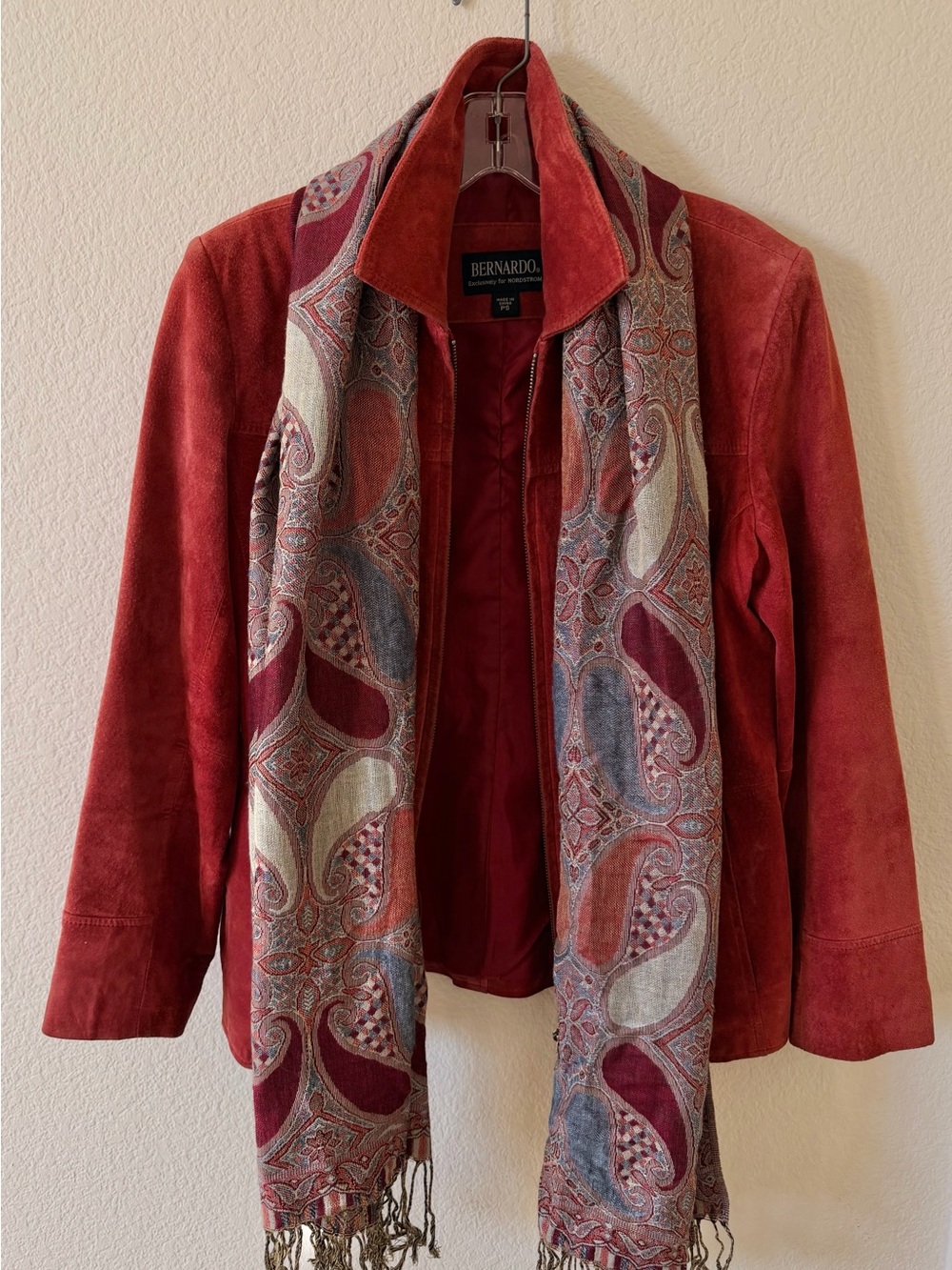Bernardo for Nordstrom Vintage Red Suede Jacket with Paisley Accent Scarf Inc.!🍁
